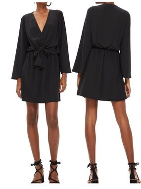 Topshop Tiffany Knot Black Long-Sleeve V-Neck Tie-Waist Mini Dress